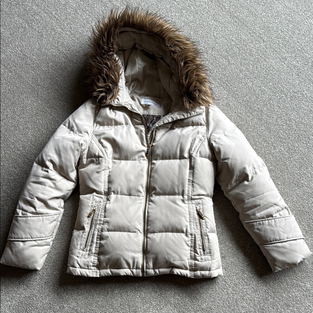 Calvin Klein Cream and Brown Puffer Jacket with Removable Fur-Trimmed Hood